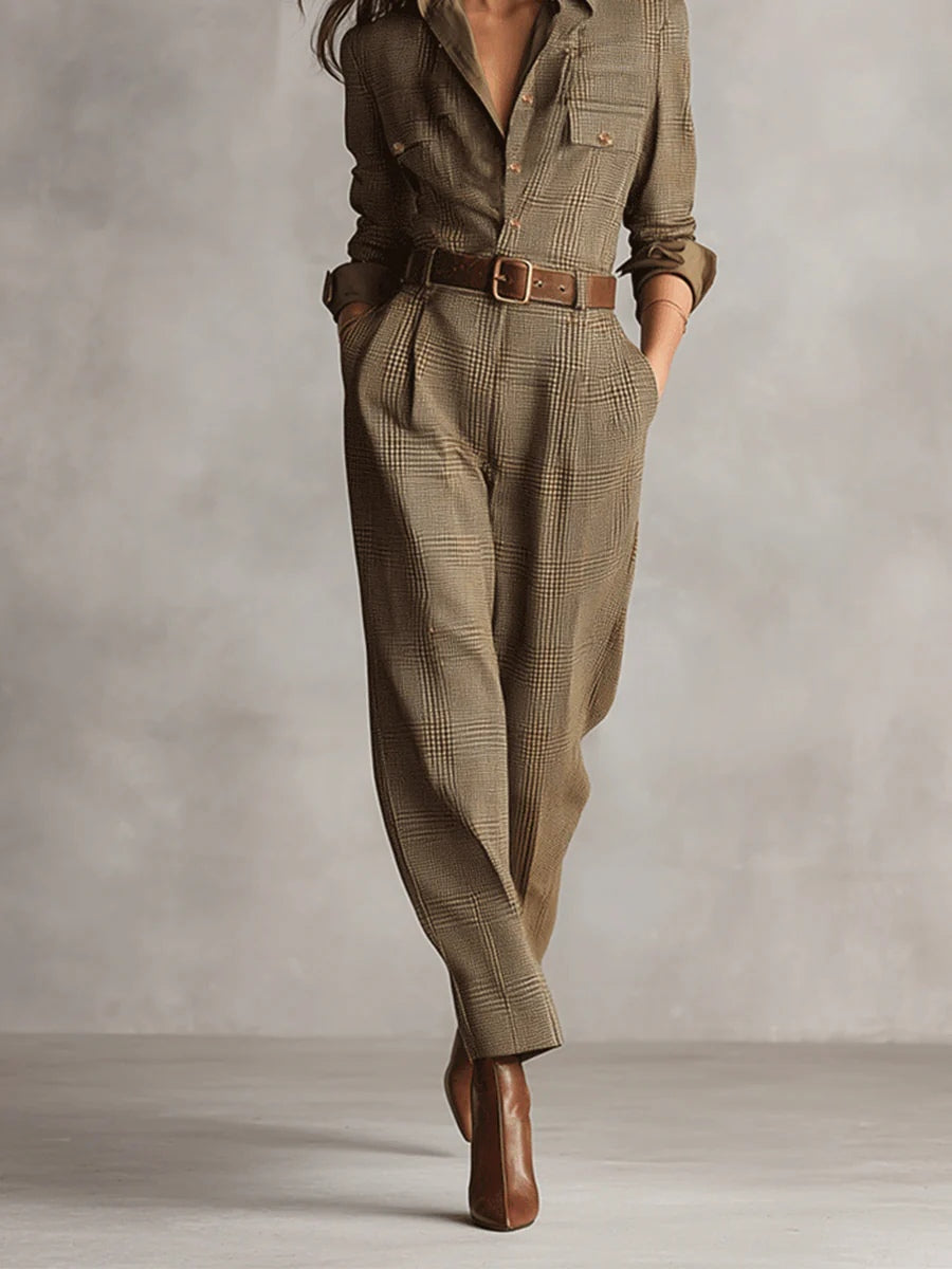 Barbara - Refined tweed texture checked utility jumpsuit
