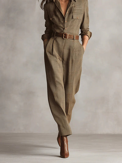 Barbara - Refined tweed texture checked utility jumpsuit