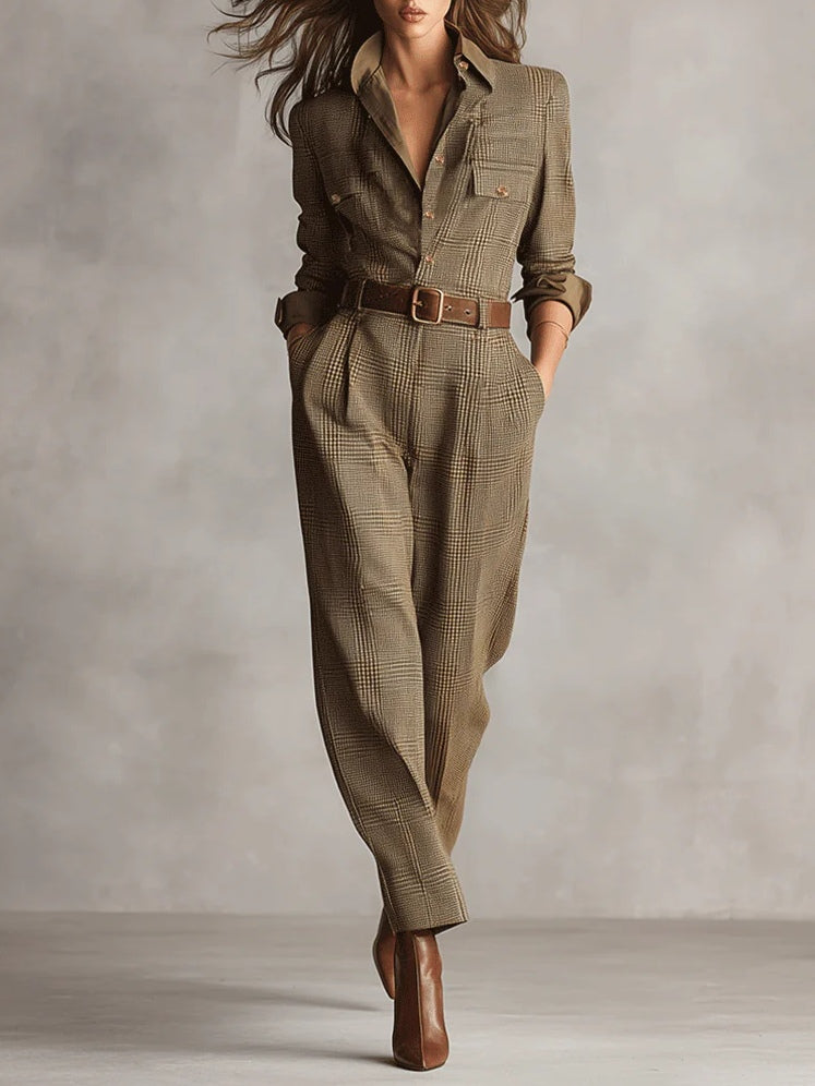 Barbara - Refined tweed texture checked utility jumpsuit
